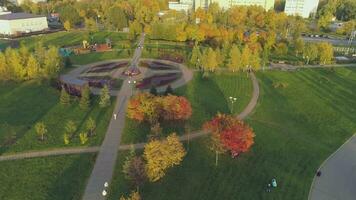 Flying forward over autumn green and red trees towards the city. Snow-capped mountains on background. Aerial view. Bird is in frame. Establishing shot. video