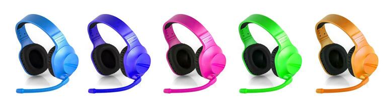 set of colored headset with microphone isolated over white photo