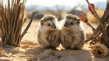 photo of heart-melting two Desert Hedgehogs with an emphasis on expression of love. Generative AI