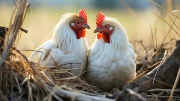 photo of heart-melting two Chickens with an emphasis on expression of love. Generative AI