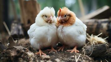 photo of heart-melting two Chickens with an emphasis on expression of love. Generative AI