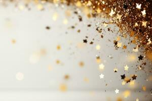 Abstract holiday background with sparkles and highlights, gold bokeh. Blurred sparkling background with place for text, congratulations. Generative AI photo