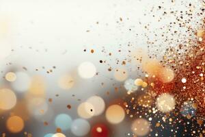 Abstract holiday background with sparkles and highlights, gold bokeh. Blurred sparkling background with place for text, congratulations. Generative AI photo