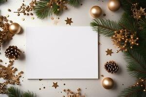 Christmas background with blank paper and decorations on a white table. Generative AI photo