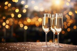 Three glasses of champagne on a wooden background against gold bokeh background. Generative AI photo