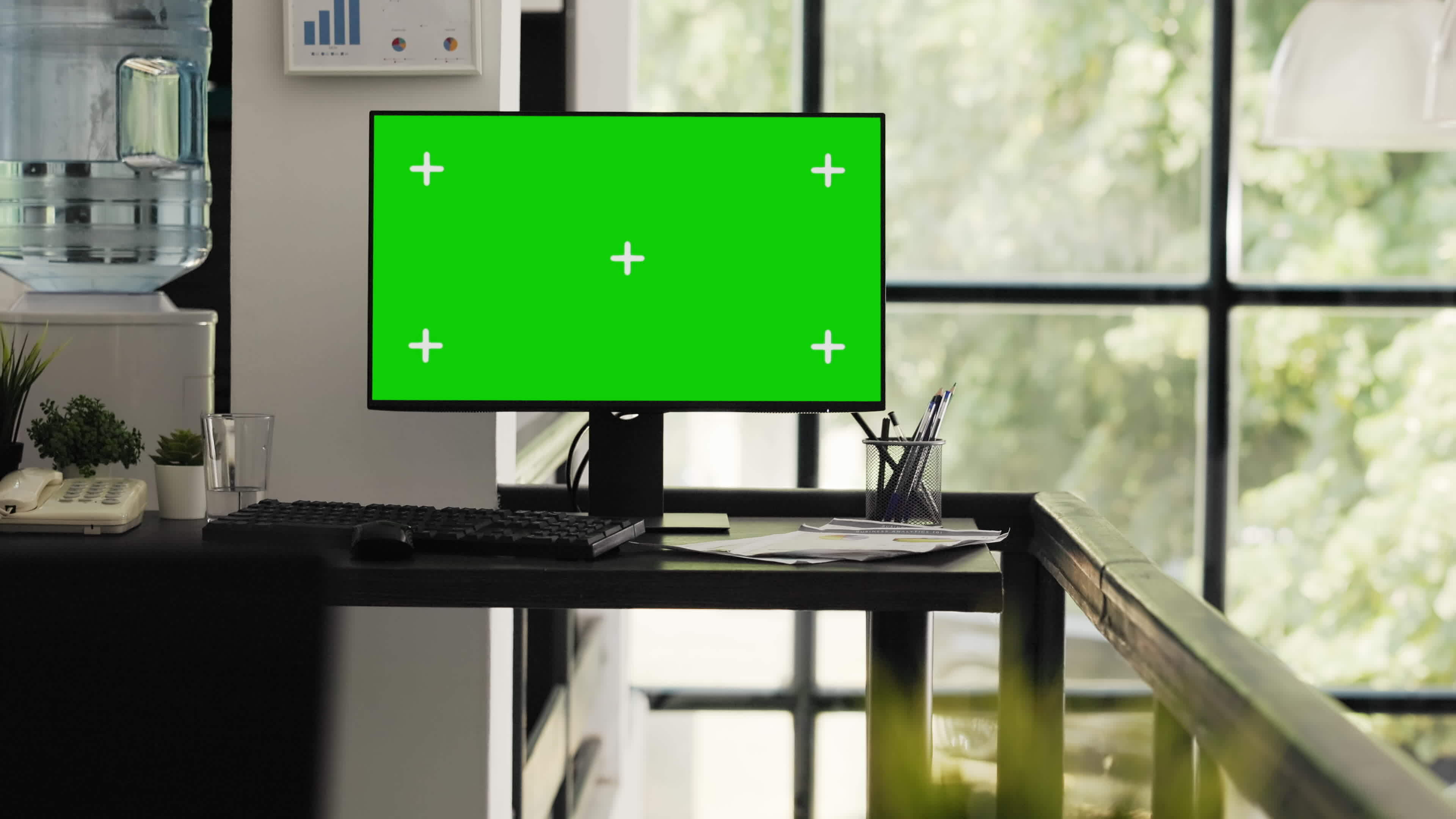 Empty desk with greenscreen layout presenting blank copyspace template