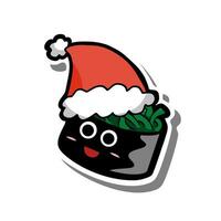 Cute cartoon Nori Sushi smile with Christmas red hat on white silhouette and gray shadow. Vector illustration about holiday.