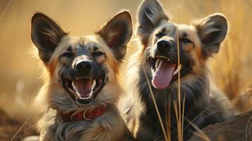 photo of heart-melting two African Wild Dogs with an emphasis on expression of love. Generative AI