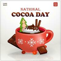 National Cocoa Day. A cup of hot chocolate in a red glass with cream, chocolate bar, pine cookies and wafer roll. 3d vector, perfect for Christmas and events vector