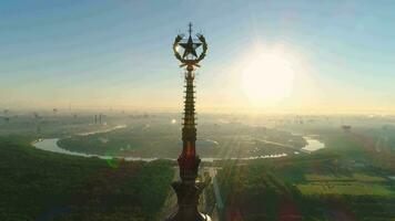 Flying close to Moscow state university star at sunny morning. Moscow cityscape view. Russia. Aerial View. video