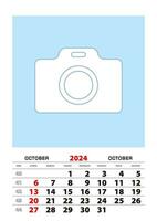 October 2024 calendar planner A3 size with place for your photo. vector