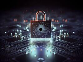 Lock with circuit pattern. Concept of data security, cybersecurity, cyber defense. AI generative photo