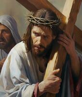 Jesus carrying cross of suffering, symbolizing death, sacrifice and resurrection photo