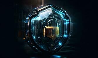 Lock and shield. Concept of data security, cybersecurity, cyber defense. photo