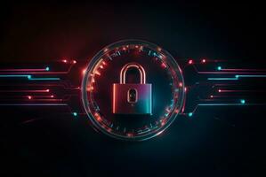 Lock with circuit pattern. Concept of data security, cybersecurity, cyber defense. photo