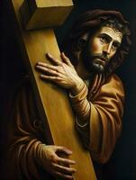 Jesús Cristo que lleva cruzar de sufrimiento, simbolizando muerte, sacrificio y Resurrección foto