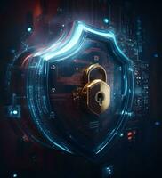 Lock and shield. Concept of data security, cybersecurity, cyber defense. photo