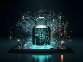 Lock with circuit pattern. Concept of data security, cybersecurity, cyber defense. AI generative photo