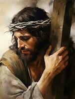 Jesus Christ carrying cross of suffering, symbolizing death, sacrifice and resurrection photo