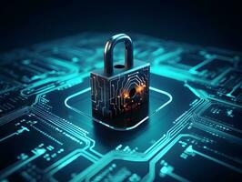 Lock with circuit pattern. Concept of data security, cybersecurity, cyber defense. AI generative photo