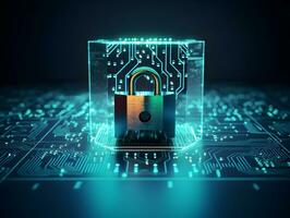 Lock with circuit pattern. Concept of data security, cybersecurity, cyber defense. AI generative photo