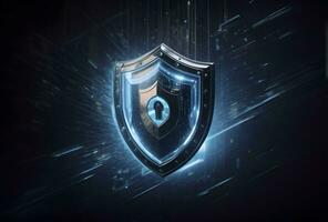 Shield with circuit pattern. Concept of data security, cybersecurity, cyber defense. photo
