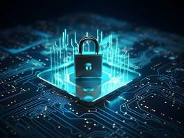 Lock with circuit pattern. Concept of data security, cybersecurity, cyber defense. AI generative photo