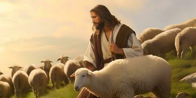 Jesús Cristo, el bueno pastor y oveja a verde colina. ai generativo foto