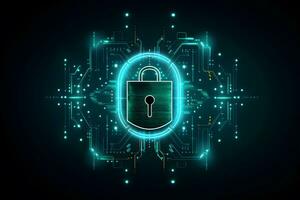 Lock with circuit pattern. Concept of data security, cybersecurity, cyber defense. photo
