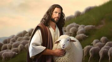 Jesus Christ, the good shepherd and sheep at green hill. AI generative photo