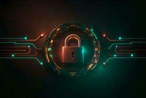 Lock with circuit pattern. Concept of data security, cybersecurity, cyber defense. photo