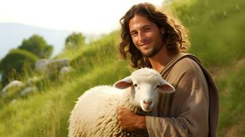 Jesús recuperado el perdido oveja que lleva eso en brazos. bíblico historia conceptual tema. foto