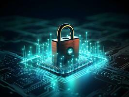 Lock with circuit pattern. Concept of data security, cybersecurity, cyber defense. AI generative photo
