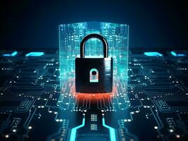 Lock with circuit pattern. Concept of data security, cybersecurity, cyber defense. AI generative photo