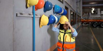 Portrait of confident young male worker holding safety helmet in warehouse photo