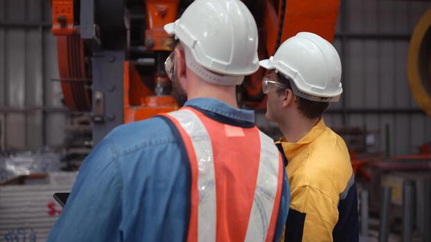 Engineer and technician discussing machinery in factory to plan inspection maintenance according to usage cycle, Concepts inspections based on usage cycle maintenance photo
