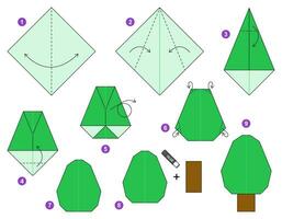Tree origami scheme tutorial moving model. Origami for kids. Step by step how to make a cute origami oak tree. Vector illustration.