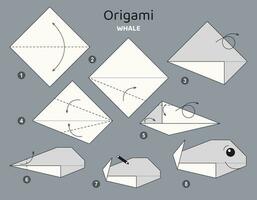 Whale origami scheme tutorial moving model. Origami for kids. Step by step how to make a cute origami marine animal. Vector illustration.