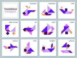 Tangram puzzle game for kids. Vector colorful collection with various transport. isolated Tangram transport icons on white backdrop. Vector illustration