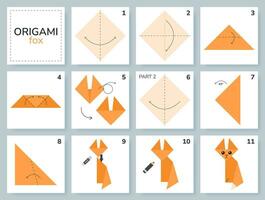 Fox origami scheme tutorial moving model. Origami for kids. Step by step how to make a cute origami fox. Vector illustration.