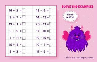 Solve the examples. Addition and subtraction up to 20. Mathematical puzzle game. Worksheet for preschool kids. Vector illustration. Cartoon educational game with cute monster for children.