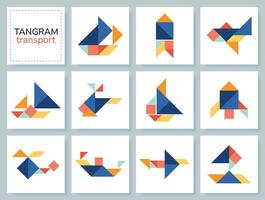 Tangram puzzle game for kids. Vector colorful collection with various transport. isolated Tangram transport icons on white backdrop. Vector illustration