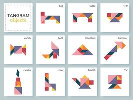 Tangram puzzle game for kids. Colorful geometric collection with isolated objects. Tangram various icons on white backdrop. Vector illustration