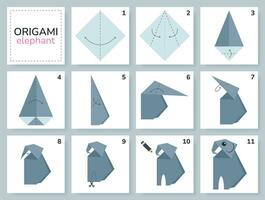 Tutorial origami scheme with elephant. isolated origami elements on grey backdrop. Origami for kids. Step by step how to make origami elephant. Vector illustration.