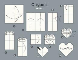 Heart origami scheme tutorial moving model. Origami for kids. Step by step how to make a cute origami red heart. Vector illustration. Happy Valentine's day.