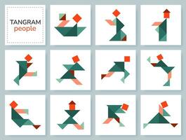 tangram rompecabezas juego para niños. vistoso geométrico colección con aislado personas en varios posa aislado tangram personas íconos en blanco fondo. vector ilustración