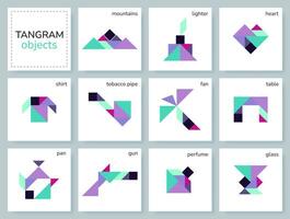 Tangram puzzle game for kids. Colorful geometric collection with isolated objects. Tangram various icons on white backdrop. Vector illustration