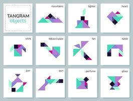 Tangram puzzle game for kids. Colorful geometric collection with isolated objects. Tangram various icons on white backdrop. Vector illustration