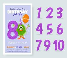 contento cumpleaños tarjeta con linda dibujos animados monstruo, número y globo. cumpleaños aniversario números desde 1 a 10 para diferente edad. cumpleaños fiesta invitación tarjeta, aislado modelo para niños. vector. vector