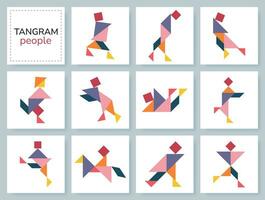 Tangram puzzle game for kids. Colorful geometric collection with isolated people in various poses. isolated Tangram people icons on white backdrop. Vector illustration